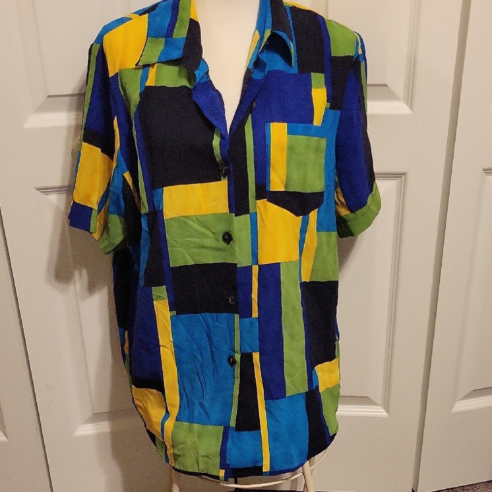 Cathy CHO Vibrant Patchwork Women's Blouse SIZE 16